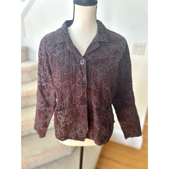 FLAX Brown Corduroy & Blue Floral Embroidery Button Up Jacket - Picture 1 of 6